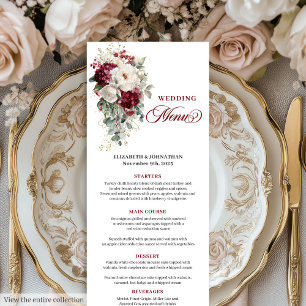 Carte menu Boho marsala blanc or floral mariage