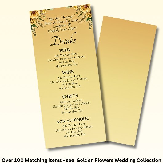 Carte Menu Boissons - Jeu de Mariages de fleurs d'