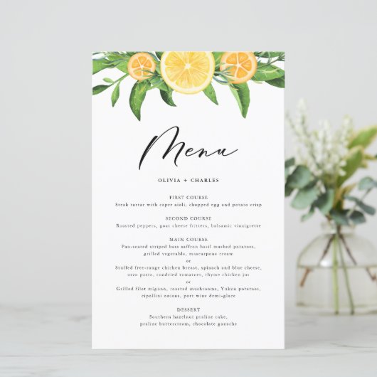 Carte menu Citrus d'aquarelles et d'oranges (Debout devant)