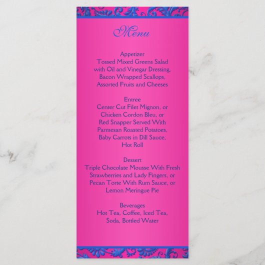 Carte menu Cobalt et Fuchsia Damask (Dos)