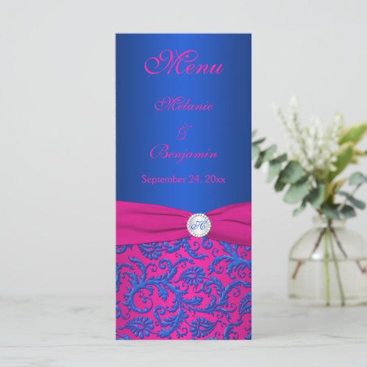 Carte menu Cobalt et Fuchsia Damask (Debout devant)
