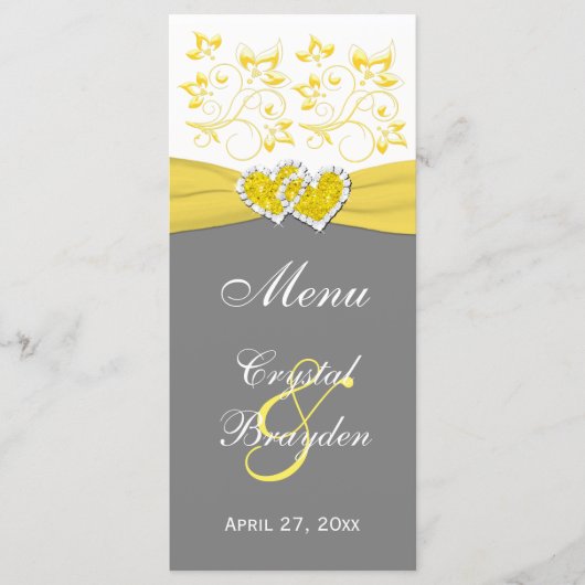 Carte Menu Coeurs Jaunes, Gris, Flore Blanche (Devant)