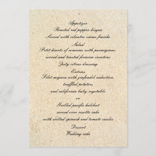 Carte Menu de mariage de plage de sable Dollar (Dos)