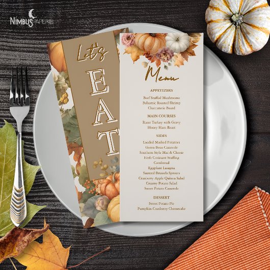 Carte Menu Dîner Thanksgiving Florals Muet