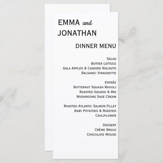 Carte Menu du dîner de mariage (Devant / Derrière)