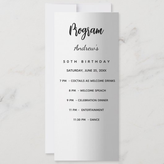 Carte menu du dîner du programme d'anniversaire en (Devant)