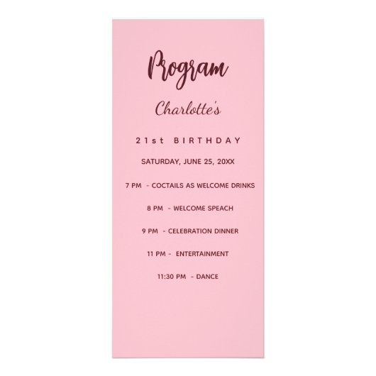 Carte menu du dîner du programme d'anniversaire ro (Devant)