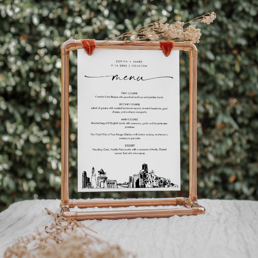 Carte menu du dîner Mariage Houston Skyline 5x7