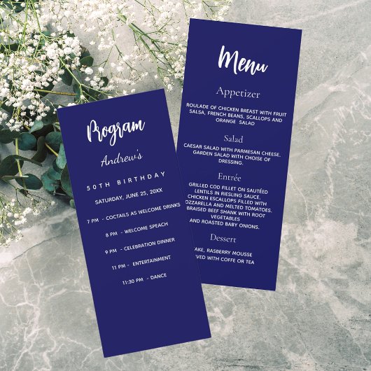Carte menu du programme d'anniversaire bleu marine