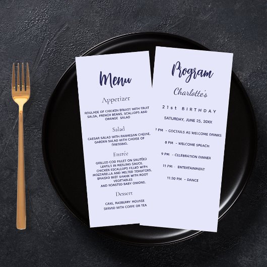 Carte menu du programme d'anniversaire de la lavan