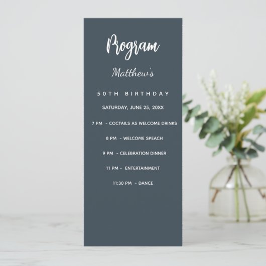 Carte menu du programme d'anniversaire gris charbo (Debout devant)