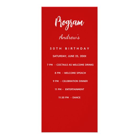 Carte menu du programme d'anniversaire rouge (Devant)
