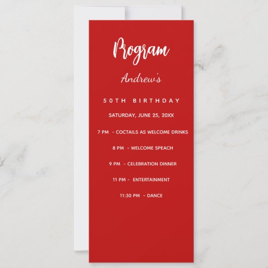 Carte menu du programme d'anniversaire rouge (Devant)