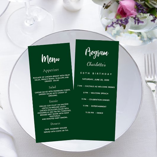 Carte menu du programme d'anniversaire vert émerau