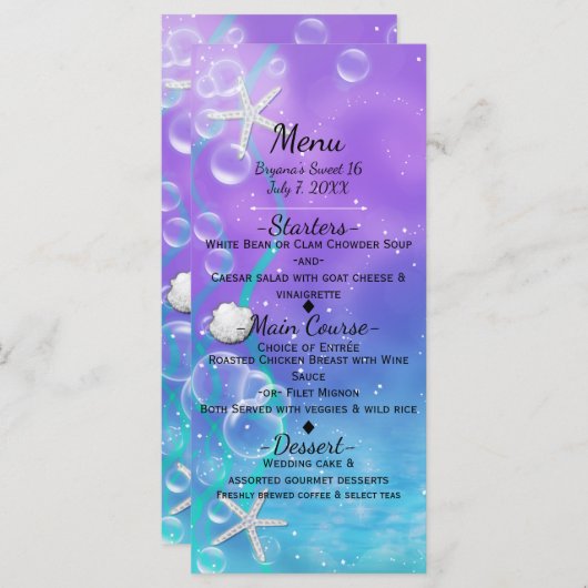 Carte Menu Du Sea Beach Party (Devant / Derrière)