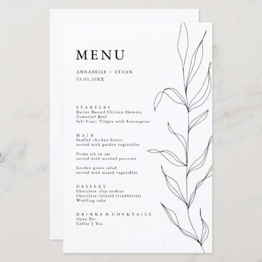 Carte menu Feuille de feuillage de trait de trait (Devant / Derrière)