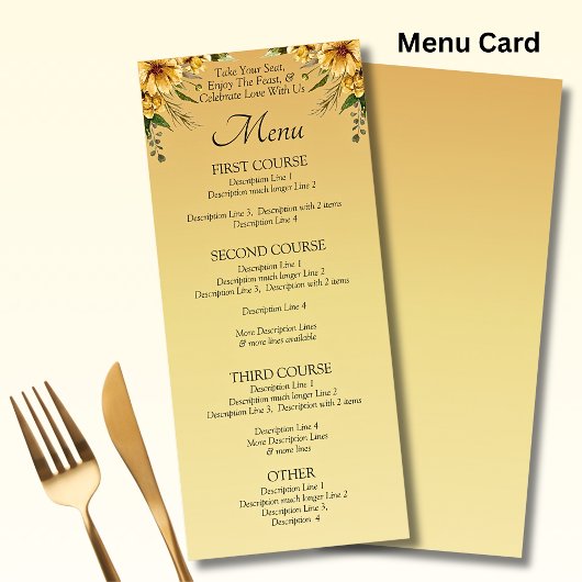 Carte Menu - Fleurs Jaunes Dorées