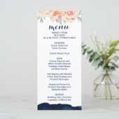 Carte menu Floral Peach and Navy Watercolor Dinner (Debout devant)