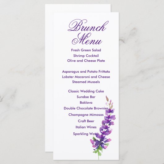 Carte menu Lavande couleur Mariage violet (Devant / Derrière)