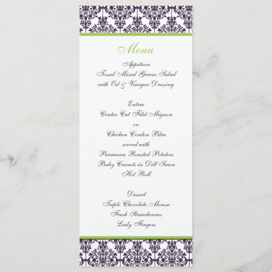 Carte menu Lime et Purple Mariage damassé (Dos)