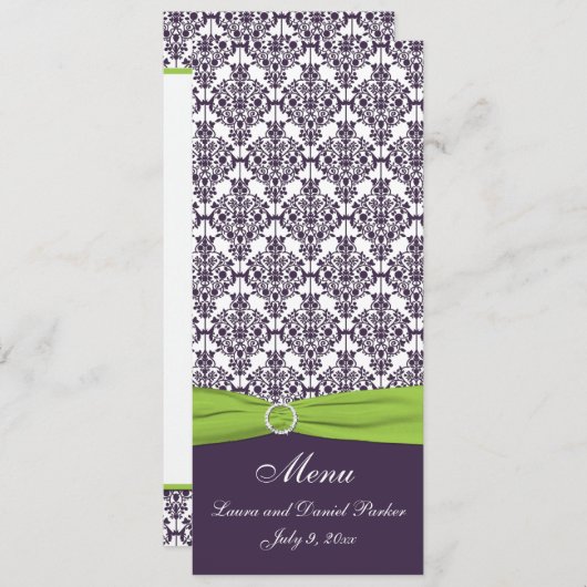 Carte menu Lime et Purple Mariage damassé (Devant / Derrière)