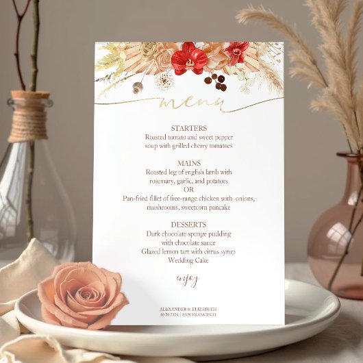 Carte Menu mariage Aquarelle dorée Boho Floral