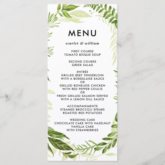 Carte menu Mariage Aquarelle Wild Green Folid (Devant)