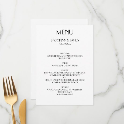 Carte menu Mariage blanc minimaliste Déco (Devant/Arrière en situation)