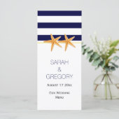 Carte menu mariage bleu marine rayures blanches ét (Debout devant)