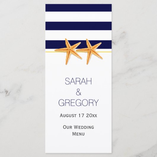 Carte menu mariage bleu marine rayures blanches ét (Devant)