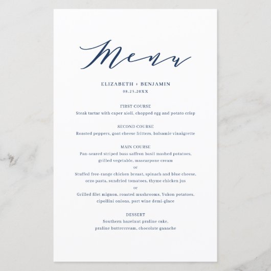 Carte menu Mariage bleu minimaliste (Devant)