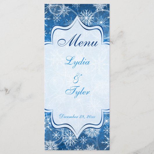 Carte menu Mariage Blue and White Snow Flakes (Devant)