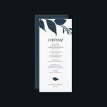 Carte menu Mariage botanique Midnight Blue<br><div class="desc">Ce modèle à la carte mariage moderne fait partie de la collection d'invitations de luxe Do Tell A Belle à l'automne. Le design est composé de feuilles simples en bleu nuit. Customisez-les avec les éléments de menu, les noms et la date de l'événement. Parfait pour les mariages du soir, la...</div>