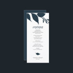Carte menu Mariage botanique Midnight Blue<br><div class="desc">Ce modèle à la carte mariage moderne fait partie de la collection d'invitations de luxe Do Tell A Belle à l'automne. Le design est composé de feuilles simples en bleu nuit. Customisez-les avec les éléments de menu, les noms et la date de l'événement. Parfait pour les mariages du soir, la...</div>