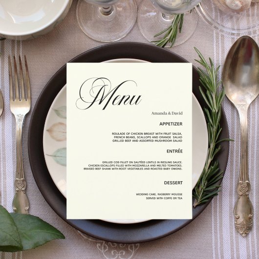 Carte menu mariage classique dîner ivoire