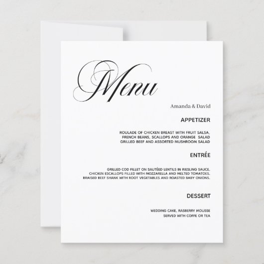 Carte menu mariage classique pour le dîner (Devant)