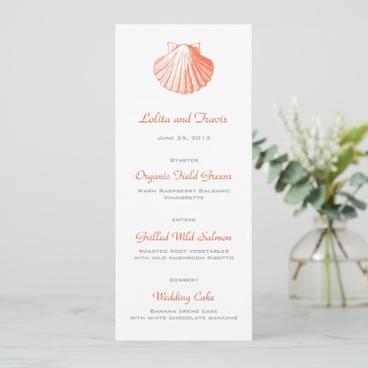 Carte Menu Mariage Coral Sea Shell (Debout devant)