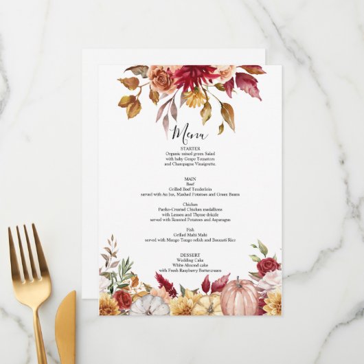 Carte menu mariage de automne floral (Devant/Arrière en situation)