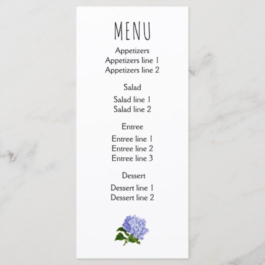 Carte menu mariage de fleurs d'hydrangée bleu, vio (Dos)