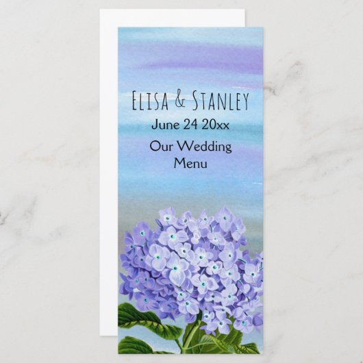 Carte menu mariage de fleurs d'hydrangée bleu, vio (Devant / Derrière)