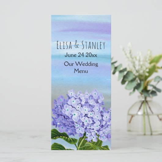 Carte menu mariage de fleurs d'hydrangée bleu, vio (Debout devant)
