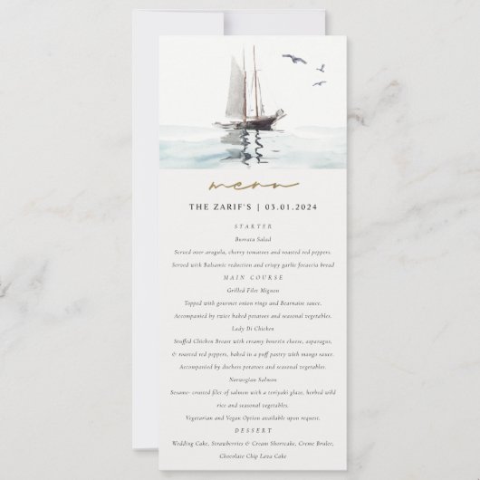 Carte menu Mariage de voile nautique Watercolor (Devant)