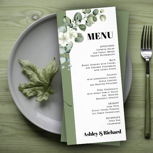 Carte menu mariage Eucalyptus branche et fleurs