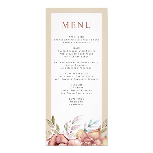 Carte menu mariage fleurs d'aquarelle en terre cui (Devant)