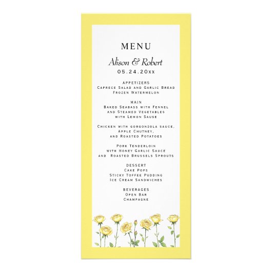 Carte menu mariage fleurs rose jaune beurre (Devant)