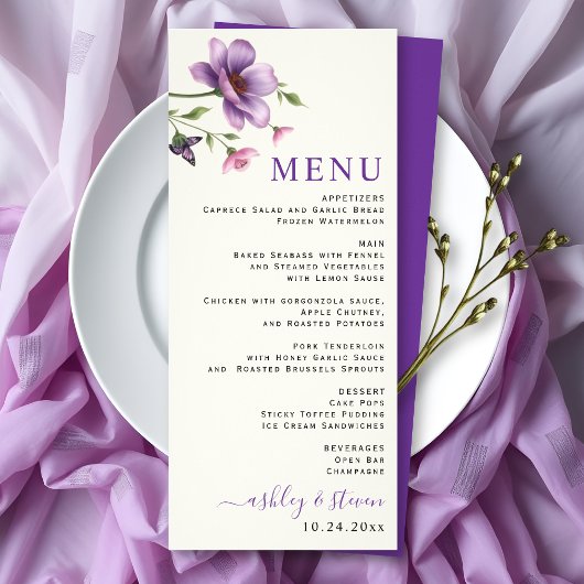 Carte menu mariage fleurs violettes et roses