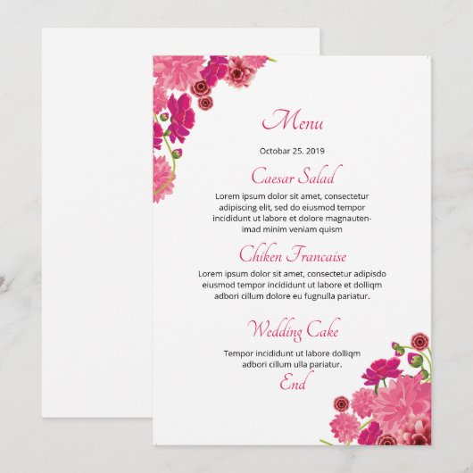 Carte menu Mariage Floral (Devant / Derrière)