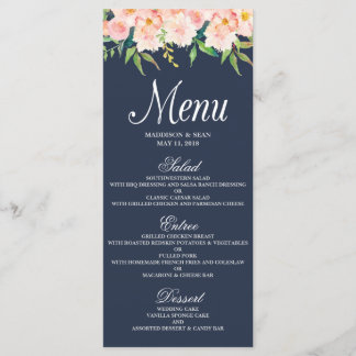 Carte menu Mariage floral bleu marine et bleu