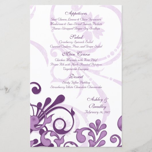 Carte menu Mariage floral violet et blanc (Devant)