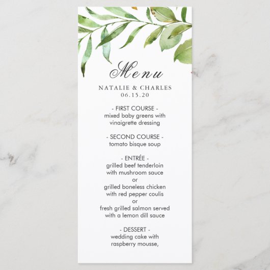 Carte menu Mariage Folial Vert Aquarelle (Devant)